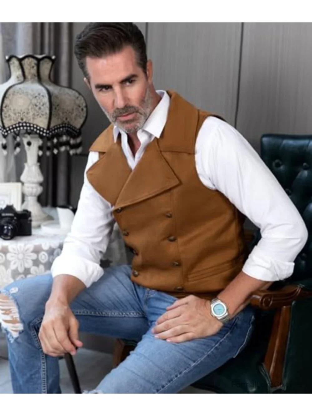 Mens Suede Double Breasted Vest Classic Groomsmen Wedding Waistcoat Leather Big